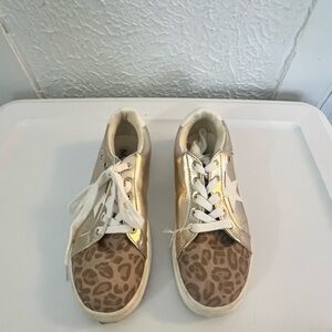 Girls Gold and Leopard Print Sneakers
